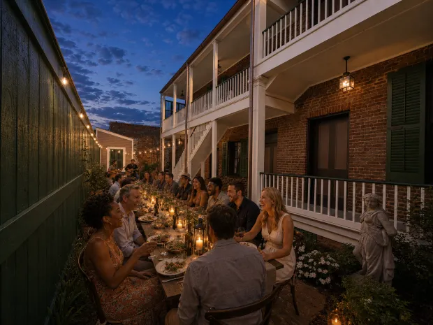 An evening dinner party set in the dining room of the Chighizola House